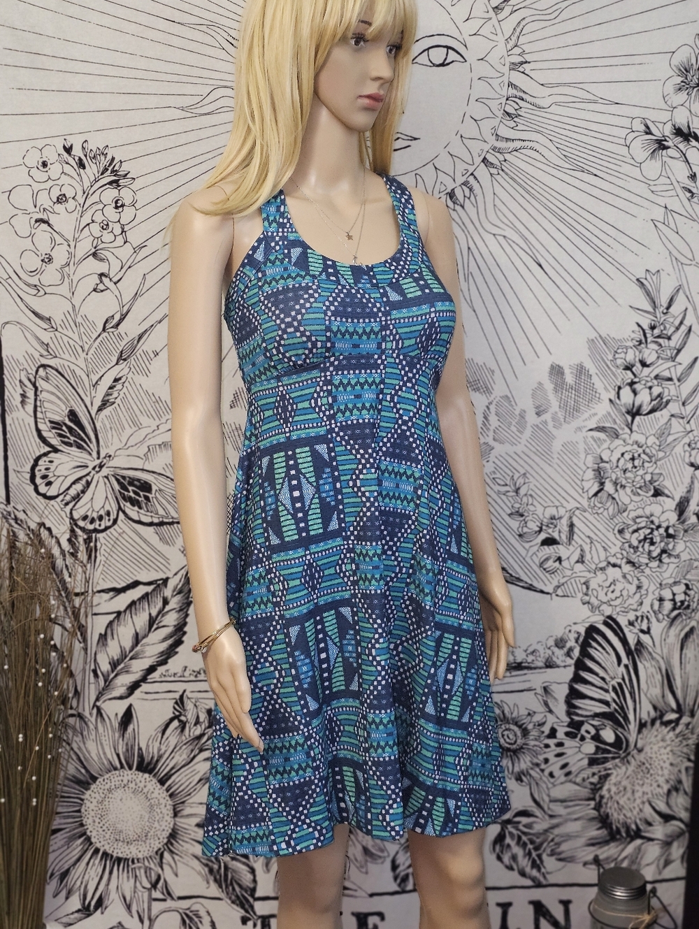 Prana Cali Racerback Dress Blue & Teal Geometric Fit-and-Flare Small